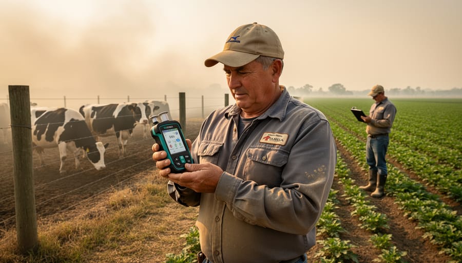 Farmer checking portable air quality monitor in field during smoke event