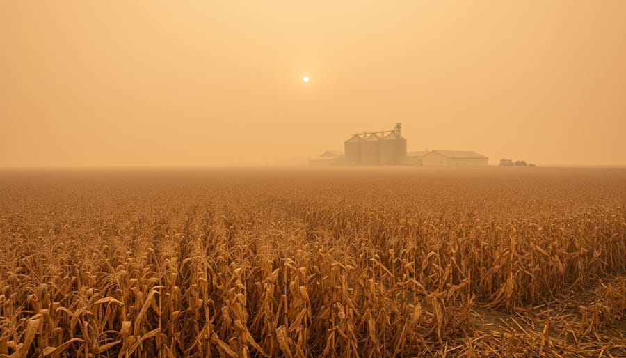 Alberta wheat field under heavy wildfire smoke with hazy orange sky