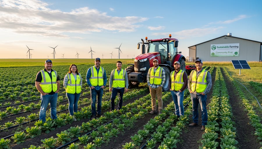 Diverse group of Alberta farmers standing together in wheat field during golden hour