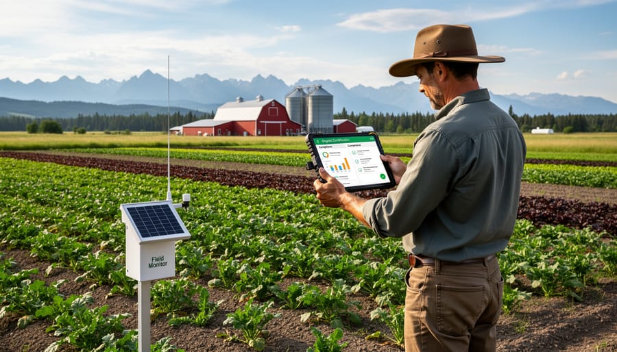 Aerial view of Alberta organic farm with greenhouse and crop fields