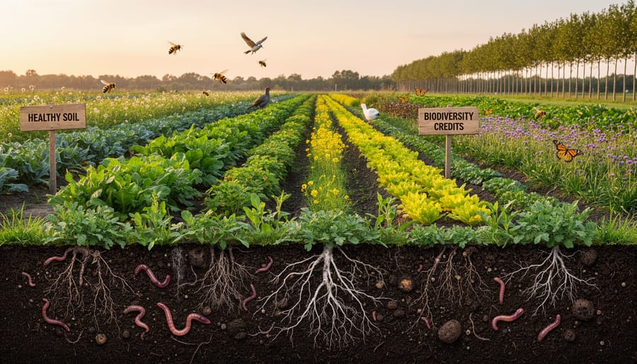 Close-up of healthy soil with visible organisms held in farmer's hands
