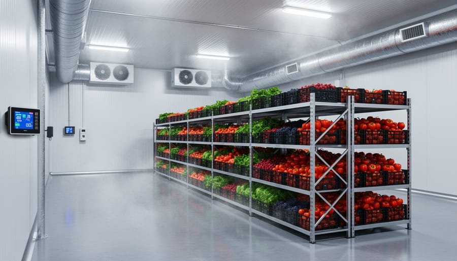 Interior of modern cold storage facility with bins of fresh vegetables