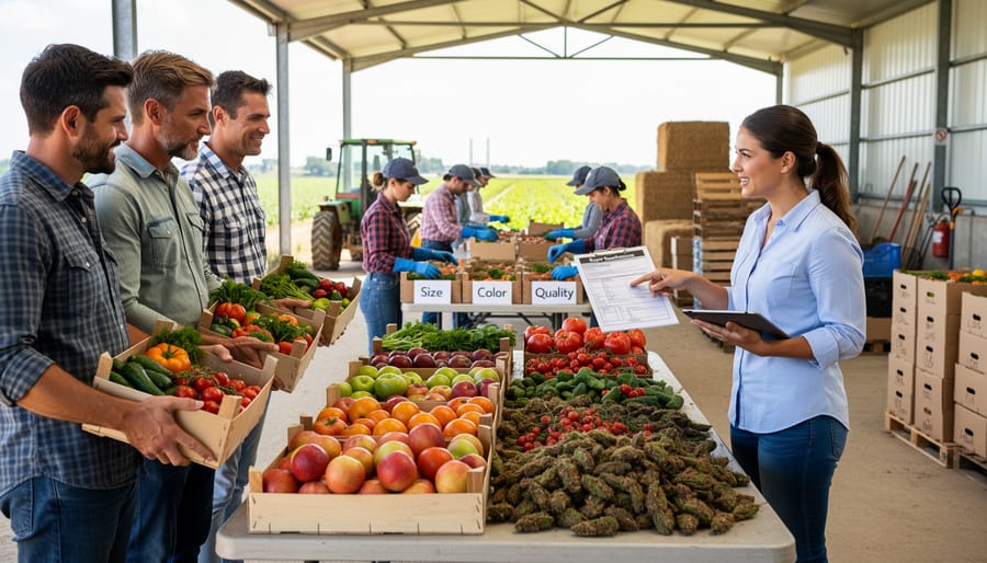 Farmer comparing two similar quality potatoes in hands