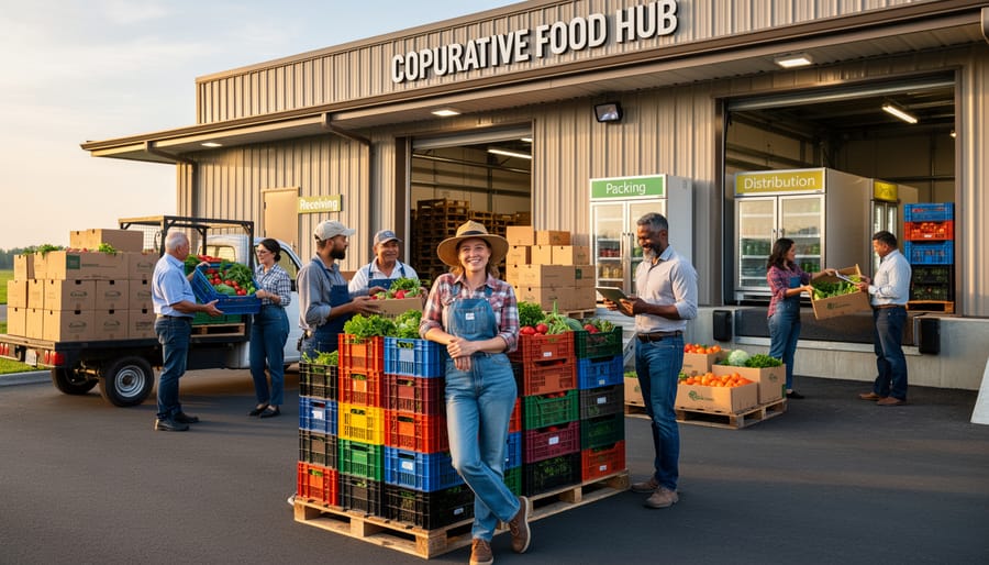 Group of Alberta farmers standing together at cooperative food hub warehouse facility