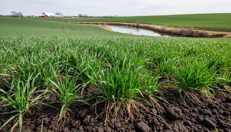 Dense cover crop growth in agricultural field with frost on leaves