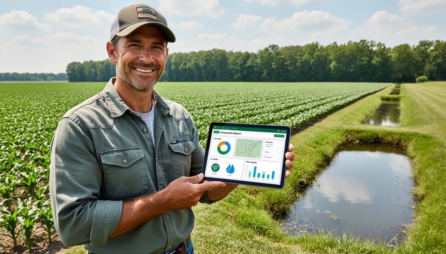 Farmer using digital tablet for farm documentation in crop field