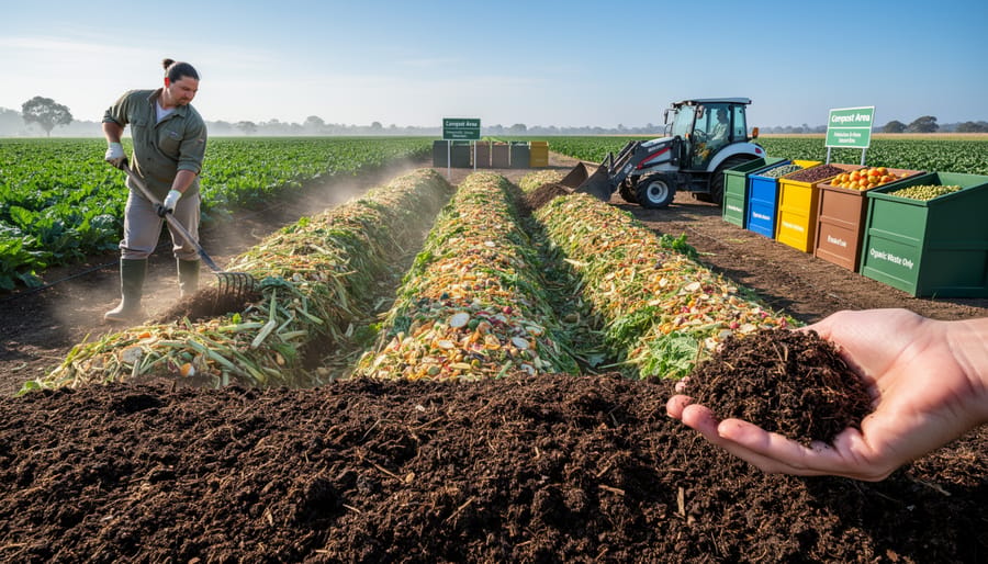 Active compost pile with organic farm waste being turned showing decomposition process