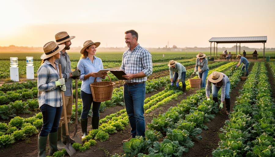 Diverse farm workers collaborating during vegetable harvest