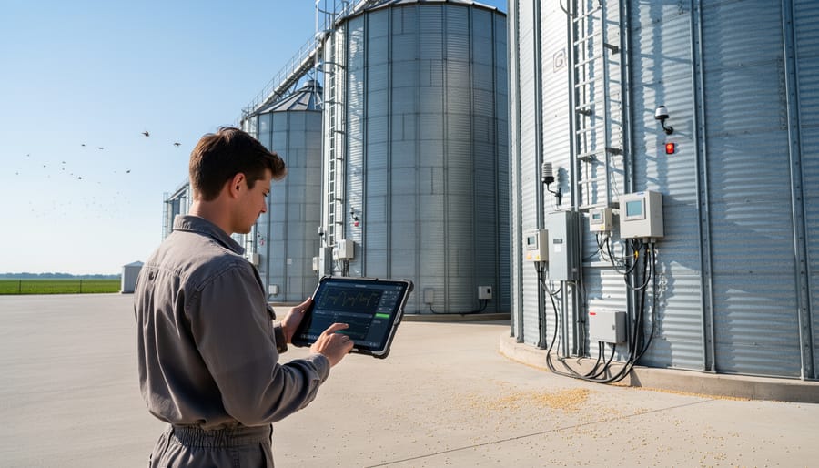 Alberta farmer using tablet to monitor ultrasonic pest detection system in grain storage facility