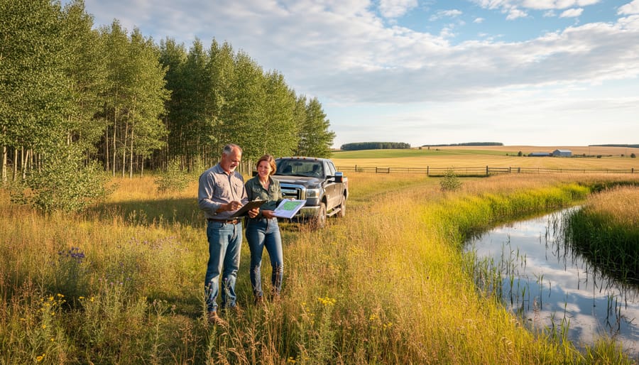 Farmer documenting restored native prairie grassland on agricultural property