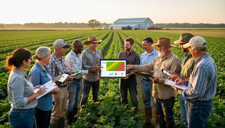 Two farmers collaborating and reviewing data on smartphone in field