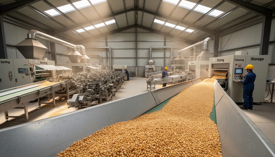 Wheat grain spilling from over-processing equipment in agricultural facility