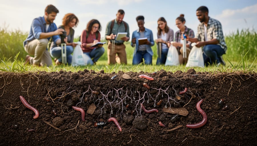Close-up of healthy soil showing earthworms, organic matter, and plant roots