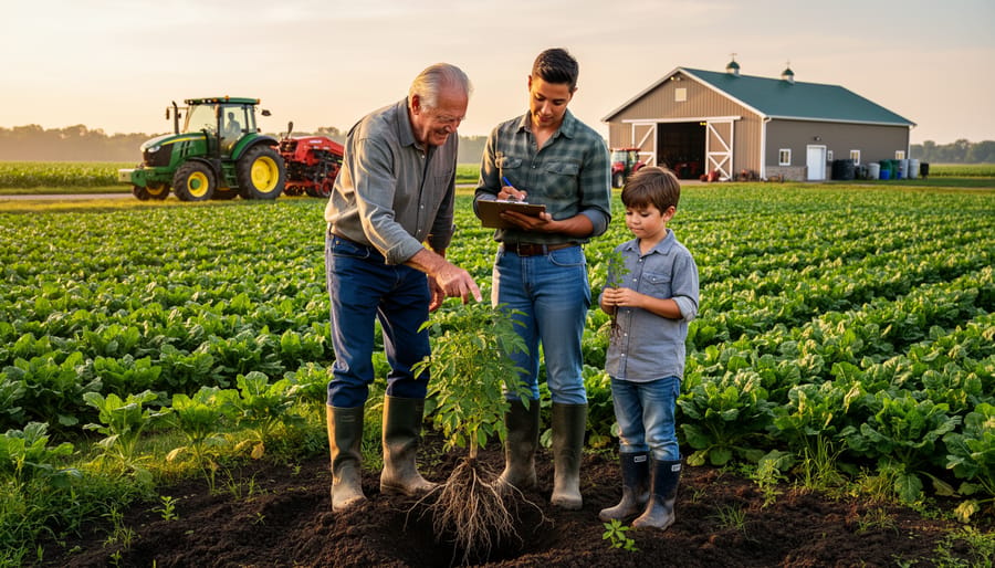 Young and elderly farmers walking together through crop rows in conversation