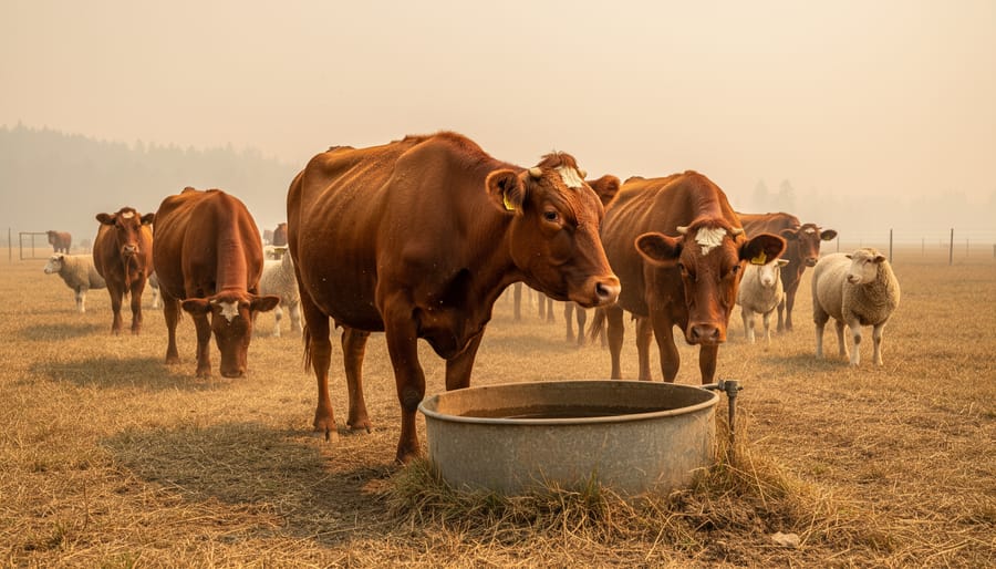 Dairy cattle in barn showing signs of respiratory stress from smoke exposure