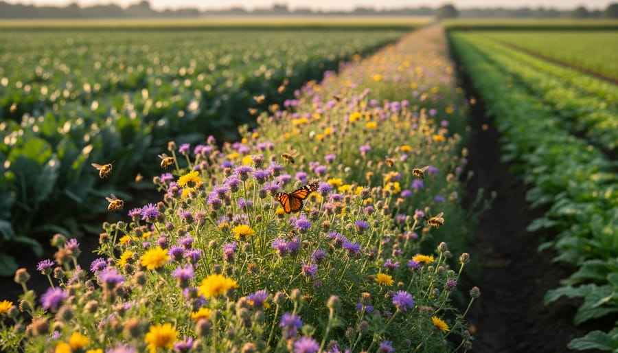 Monarch butterfly on purple coneflower with agricultural field in background