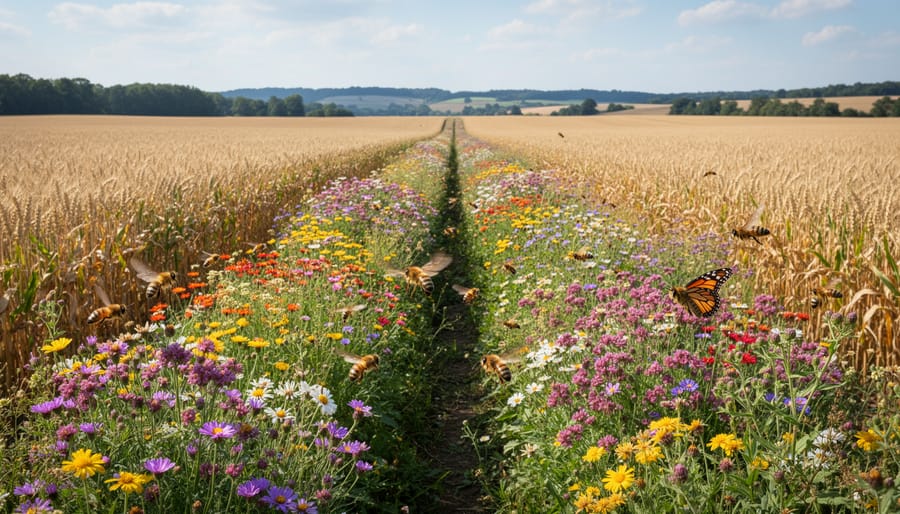 Wildflower pollinator strip with bees and butterflies bordering wheat field