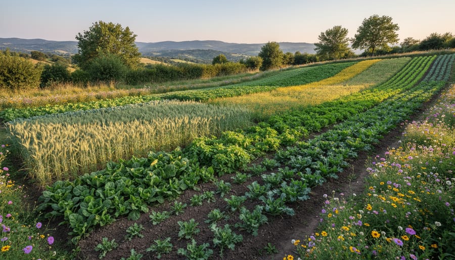 Aerial view of agricultural field showing diverse crop varieties planted in alternating strips