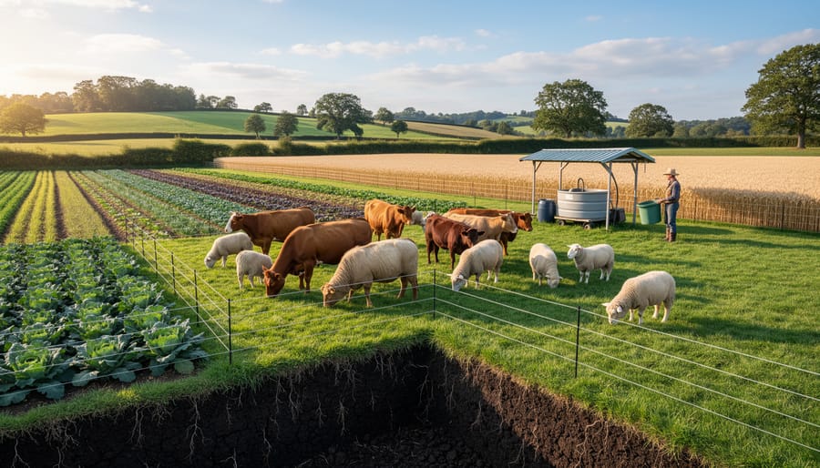 Cattle grazing on diverse pasture showing integrated livestock management