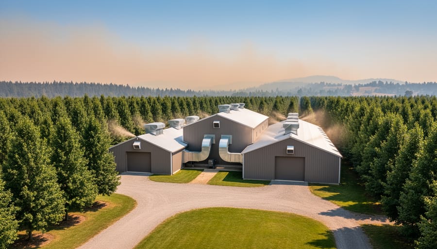 Modern Alberta farm with shelterbelt trees and improved barn ventilation for smoke protection