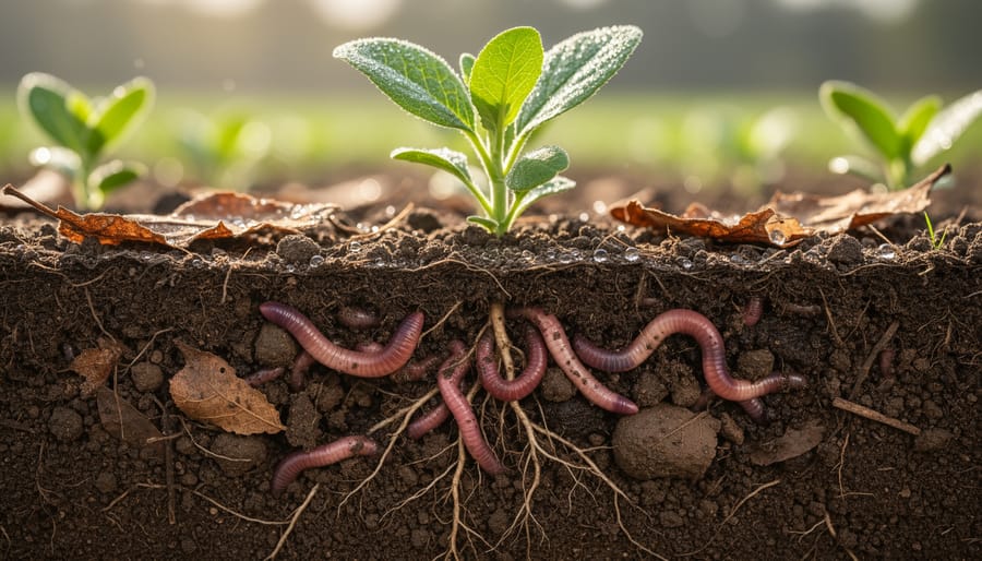 Close-up of rich soil held in hands showing earthworms and healthy soil structure