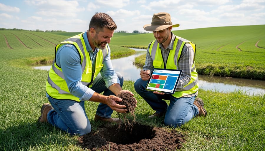 Farmer's hands examining dark fertile soil in agricultural field