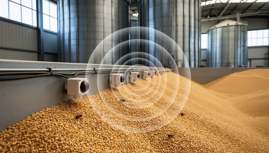 Ultrasonic sensor device installed on grain storage bin wall with wheat visible in background