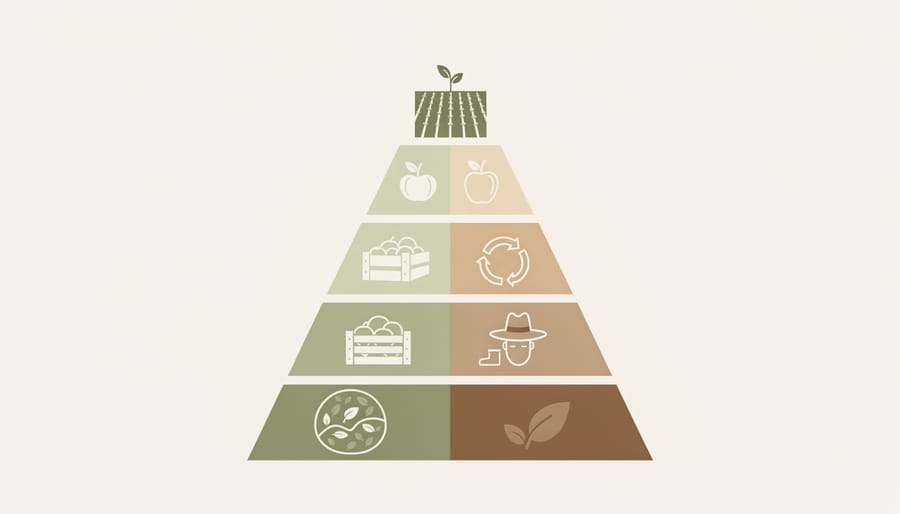 Pyramid structure made of wooden crates containing fresh produce illustrating waste hierarchy concept