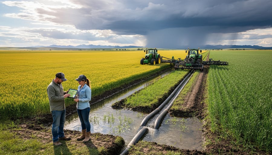 Farmer examining healthy crops while using digital monitoring technology in field