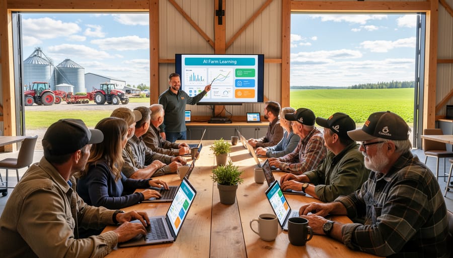 Group of Canadian farmers of various ages standing together on farm with barn and fields