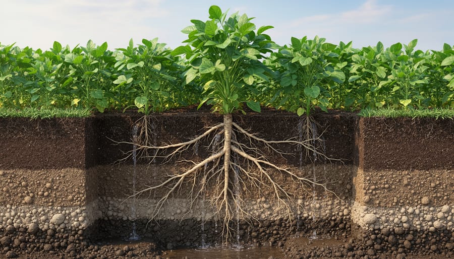 Close-up cross-section of soil showing cover crop roots and improved soil structure
