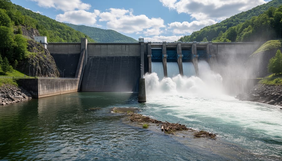 Water flowing from dam spillway gates into river with agricultural land visible downstream