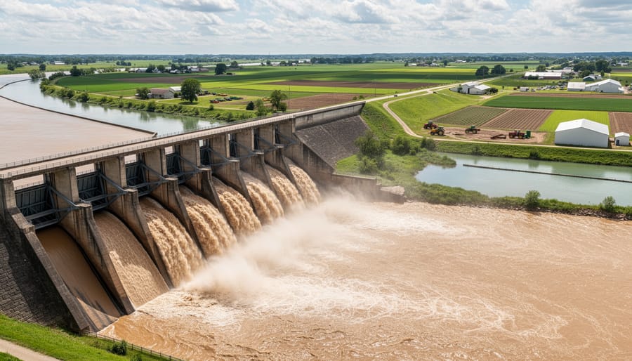Muddy river water flowing from a dam spillway under an overcast sky