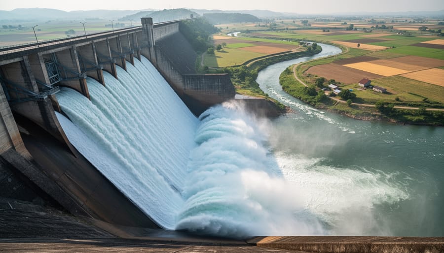 Dam spillway releasing water into a river under overcast skies