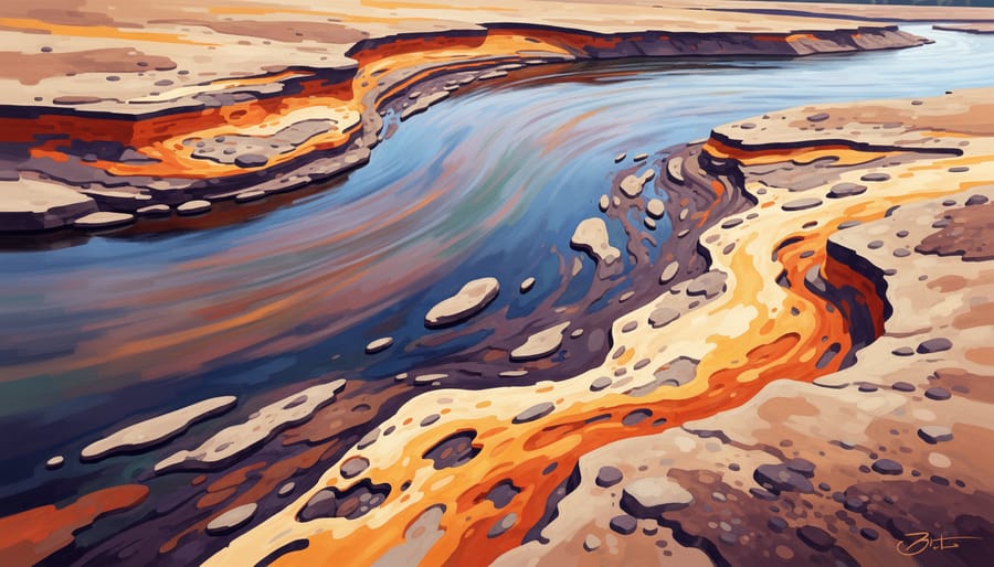 Disturbed muddy riverbank with exposed dark sediment after a water release