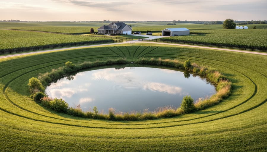 Constructed infiltration basin on Alberta farm with water and surrounding native grasses
