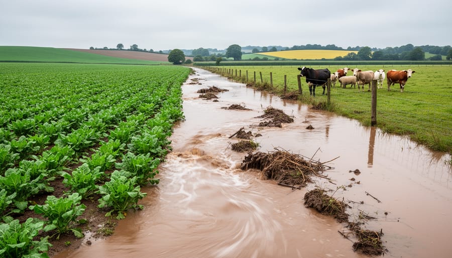 Farmer standing near a flooded field edge with muddy water and disturbed sediment