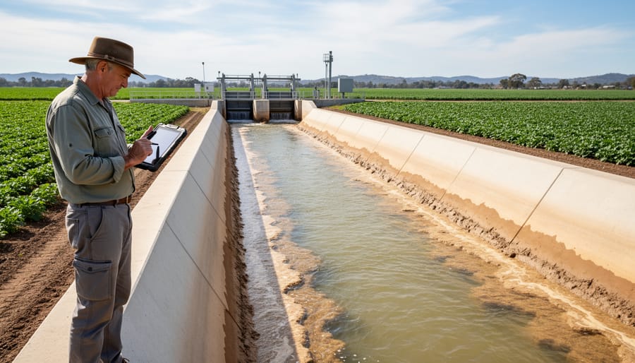Farmer inspecting irrigation pump intake and filter system for sediment accumulation