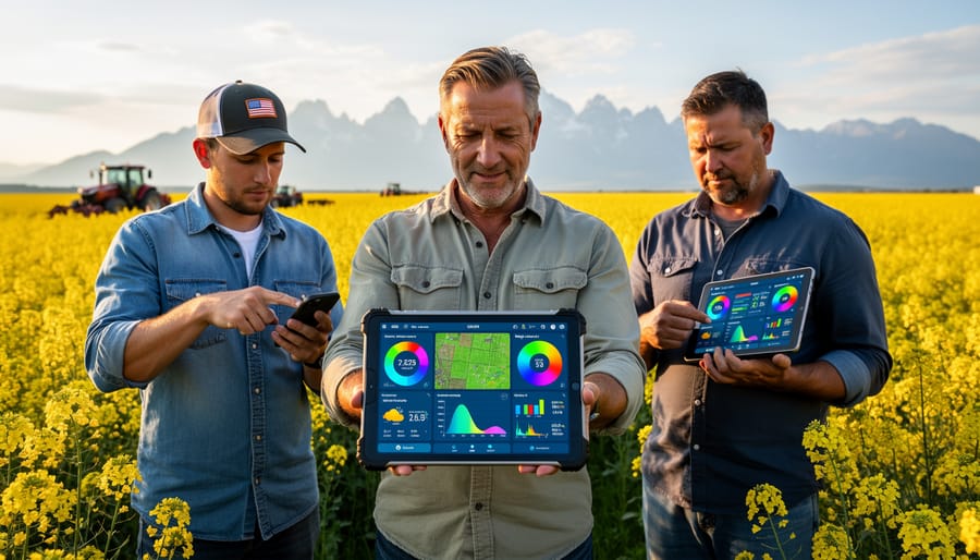 Canadian farmer using tablet computer in tractor cab with wheat field visible in background