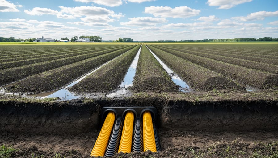 Corrugated plastic drainage pipes positioned in soil trench at field edge