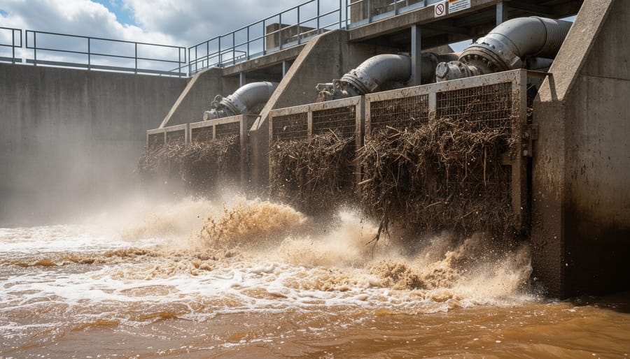 Close-up of muddy water and silt at a pump intake screen