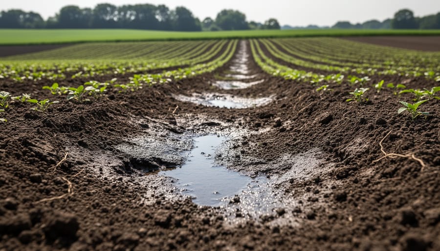 Aerial view of Alberta farmland showing natural water infiltration patterns in soil