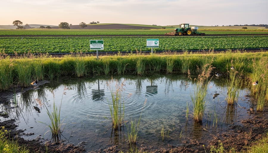 Restored prairie wetland with native vegetation adjacent to working farmland