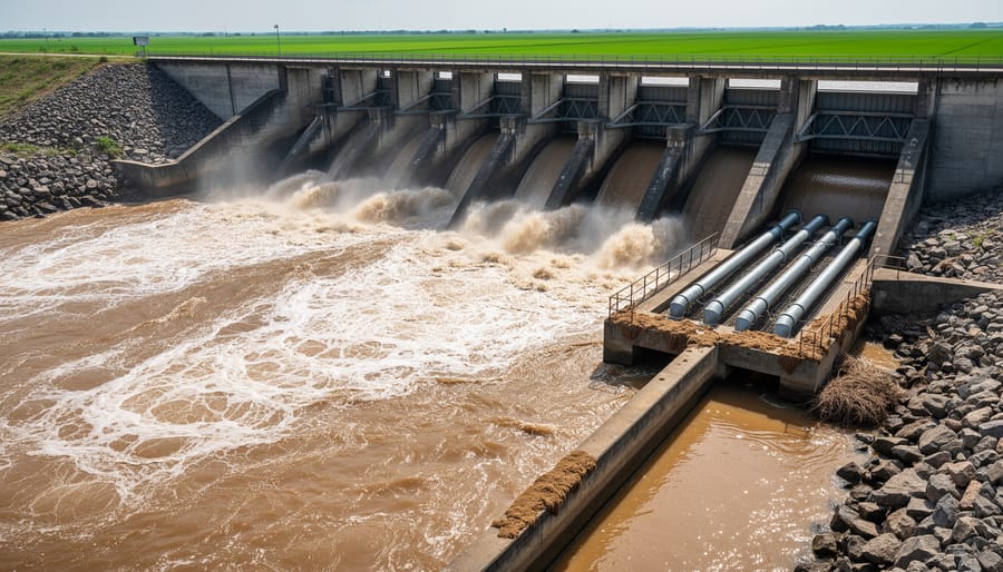 Turbid brown water with visible sediment flowing through agricultural irrigation canal