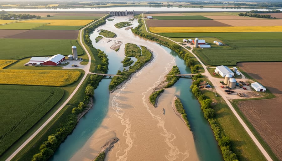 Aerial view of sediment plume in prairie river flowing past irrigated farmland