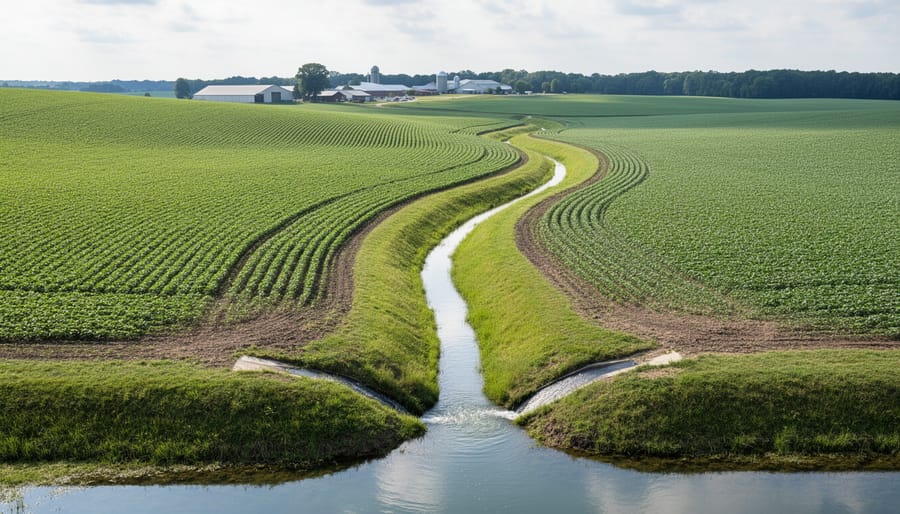Aerial view of agricultural field showing water drainage channels and patterns