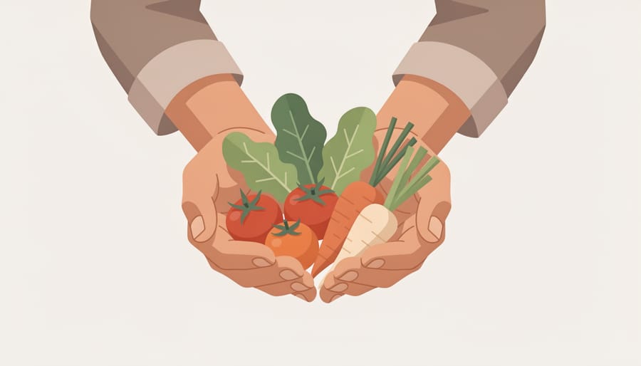 Farmer holding a crate of fresh mixed vegetables for a community food hub marketplace