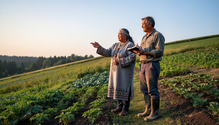 Indigenous knowledge keeper and farmer standing in a prairie field observing native grasses and the landscape.