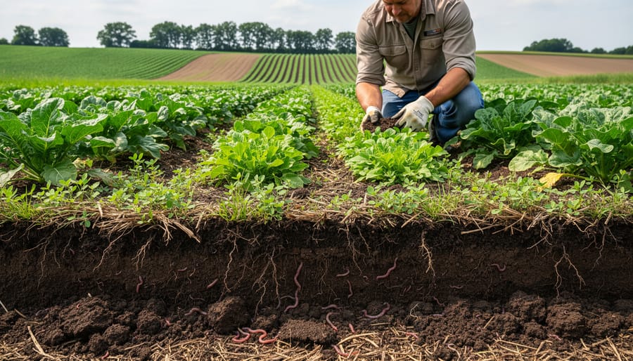 Macro view of dark, healthy soil with organic material and visible roots at the edge of a field.