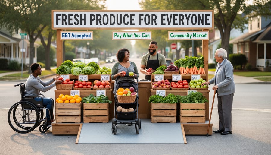 Shoppers selecting fresh produce at a pop-up community produce stand